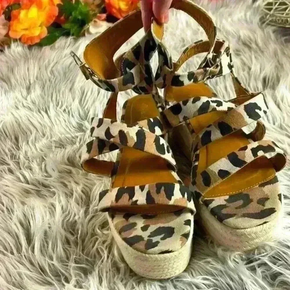Qupid Leopard Print Canvas Platform Cross Over Espadrilles, 7.5